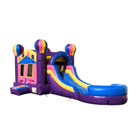 Colorful inflatable combo water slide featuring a slide and bounce area, set against a white background.