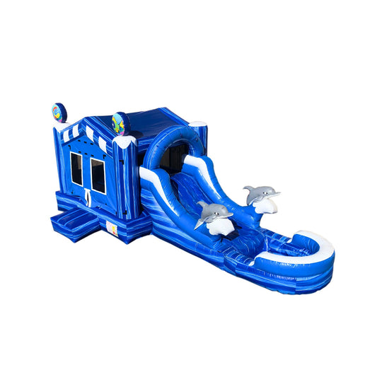 Blue and marble colored inflatable combo water slide featuring dolphin decorations, set against a white background.