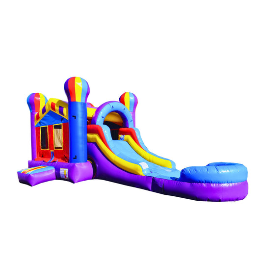 Colorful inflatable combo water slide featuring a bounce area and a slide leading into a splash pool.