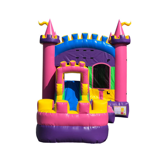 Colorful inflatable combo water slide featuring a magical castle design with pink and purple accents.