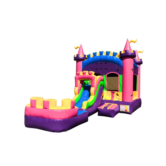 Colorful inflatable combo water slide featuring a magical castle design with pink, yellow, and blue elements.
