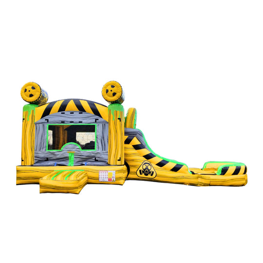 Bright yellow and gray inflatable combo water slide with a toxic theme, featuring a slide and bounce area.