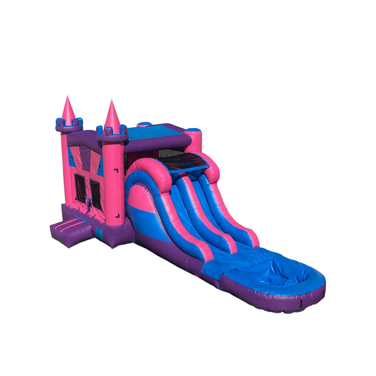 Bright pink and blue inflatable combo water slide featuring castle-like towers, designed for outdoor fun.