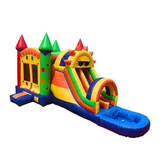 Colorful inflatable combo water slide featuring a bounce house with towers and a slide leading to a splash pool.