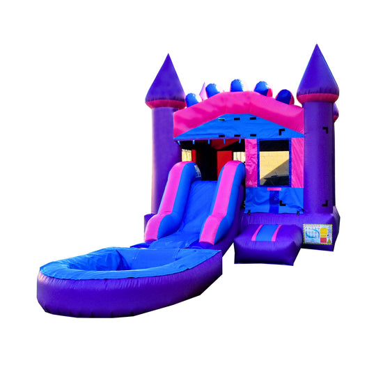Purple inflatable combo water slide featuring a bounce area and slide leading into a pool.