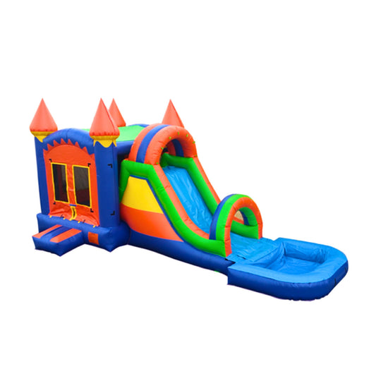 Large inflatable combo water slide featuring bright colors, a castle theme, and a connected pool area.