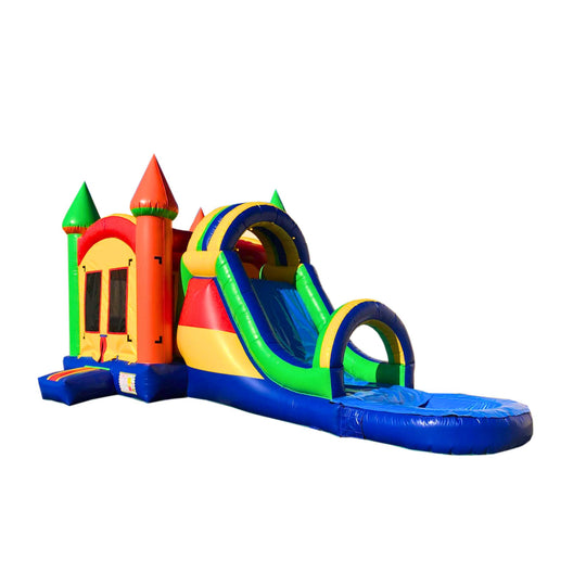 Colorful inflatable combo water slide featuring a castle design with a slide and splash pool.