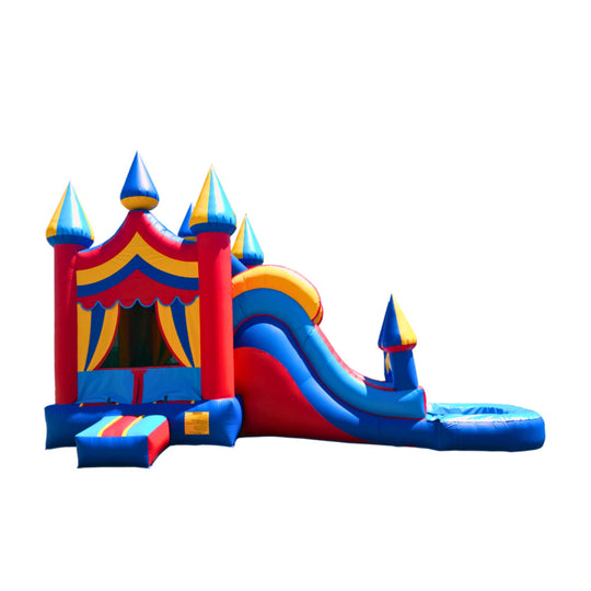 Colorful inflatable combo water slide featuring a castle design with blue and red accents, including a slide and splash pool.