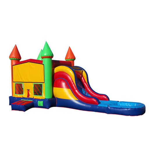 Colorful inflatable combo water slide with a castle theme, featuring two slides and a splash pool.