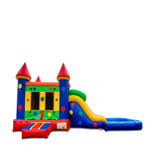 Colorful inflatable combo water slide featuring a bounce house with red and blue towers, and a green slide leading to a blue