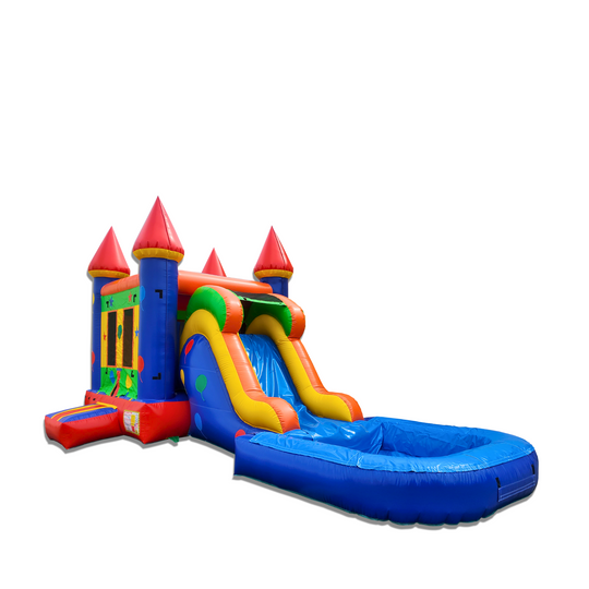 Colorful inflatable combo water slide featuring a bounce area and a slide leading into a pool.