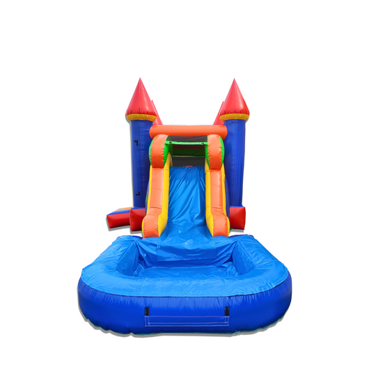 Colorful inflatable combo water slide featuring a castle design with red and blue elements, set against a white background.
