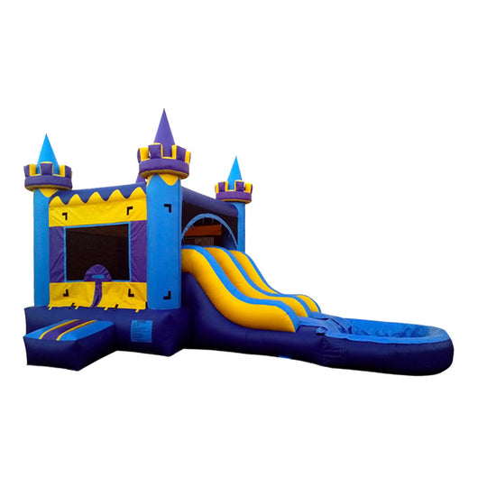 Colorful inflatable combo water slide featuring a castle design with blue and yellow accents, including a slide and bounce