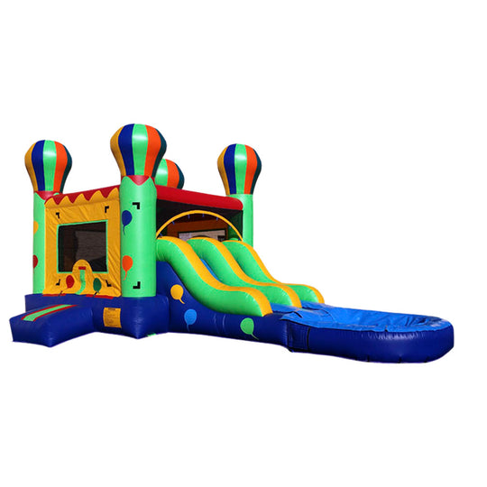 Colorful inflatable combo water slide with a castle theme, featuring a bounce area and a water slide.