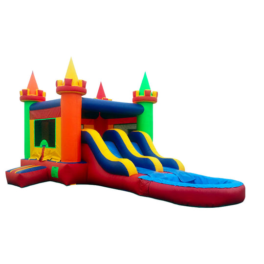 Colorful inflatable combo water slide featuring a castle theme with double slides and a splash pool.