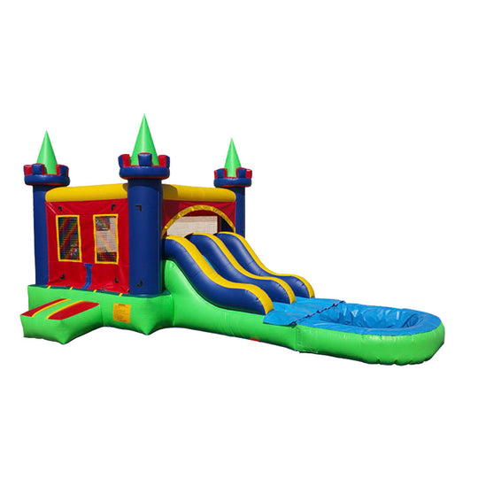 Colorful inflatable combo water slide featuring a castle theme with double slides and a splash pool.