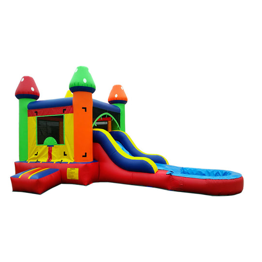 Colorful inflatable combo water slide featuring a castle theme with two slides and a splash pool.