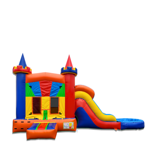 Colorful inflatable combo water slide featuring a bounce house with towers and a slide, set against a white background.