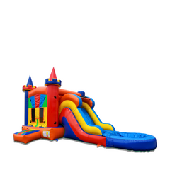 Colorful inflatable combo water slide featuring a bounce area and a slide leading into a splash pool.