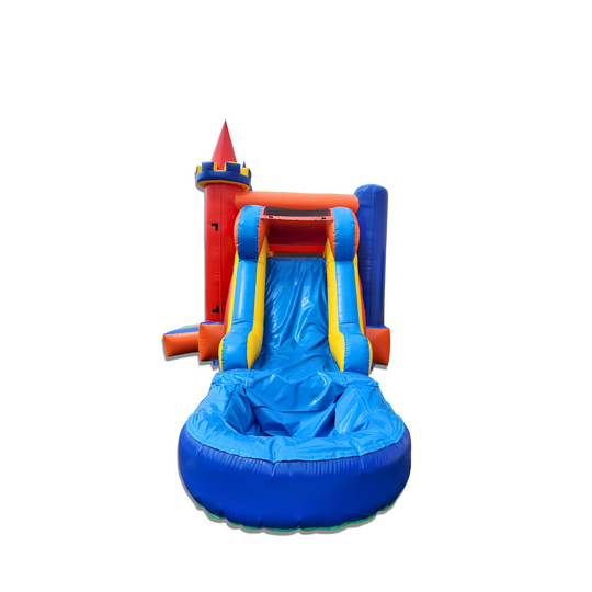 Multi-colored inflatable combo water slide featuring a castle design and a blue splash pool.