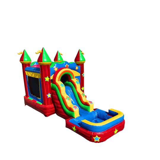 Colorful CWS-248 Color Blast Castle inflatable combo water slide with a slide and bounce area.