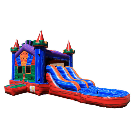 Colorful inflatable combo water slide featuring a castle theme with double slides and a splash pool.
