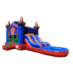 Colorful inflatable combo water slide featuring a castle theme with double slides and a splash pool.