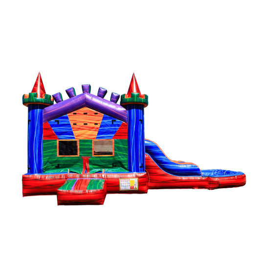 Colorful inflatable combo water slide featuring a bounce area and double slide, set against a white background.