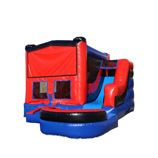 Bright red and blue inflatable combo water slide featuring a slide and bounce area, set against a white background.