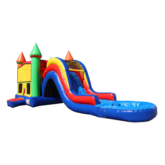 Colorful inflatable combo water slide with a castle theme, featuring green and red towers, leading to a blue splash pool.