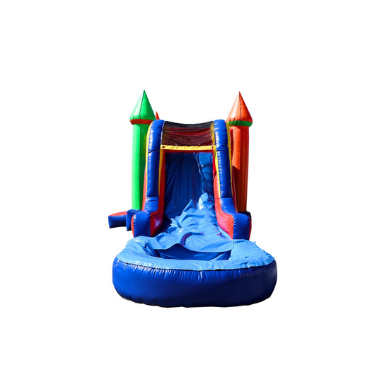 Colorful inflatable combo water slide with green and red towers and a blue splash pool.