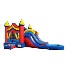 Brightly colored inflatable combo water slide featuring a bounce area and a slide, set against a white background.
