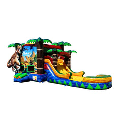 Colorful inflatable combo water slide featuring a dinosaur theme with palm trees and a large slide.