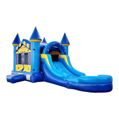 Bright blue inflatable combo water slide featuring a castle theme with yellow accents and a large slide.