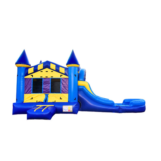 Bright blue and yellow inflatable combo water slide featuring a bounce area and a slide, set against a white background.