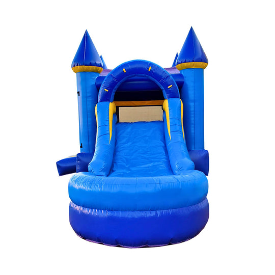 Bright blue inflatable combo water slide featuring castle-like towers and a smooth slide surface.