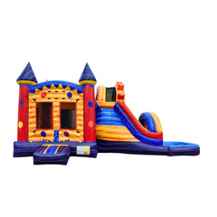Colorful inflatable combo water slide featuring a double line slide and bounce area, set against a white background.