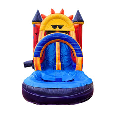 Brightly colored inflatable combo water slide featuring a sun design and double slide lines, set against a white background.
