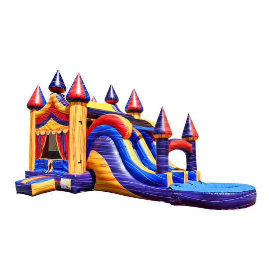 Colorful inflatable combo water slide featuring a circus theme with towers and a slide.