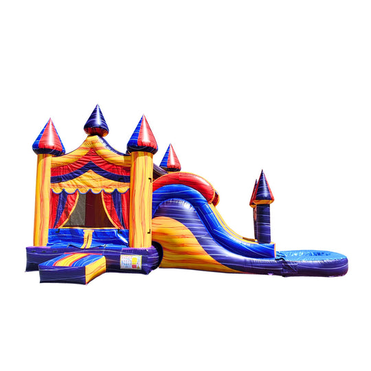 Colorful inflatable combo water slide featuring a castle design with red and blue accents, including a slide and bounce area.