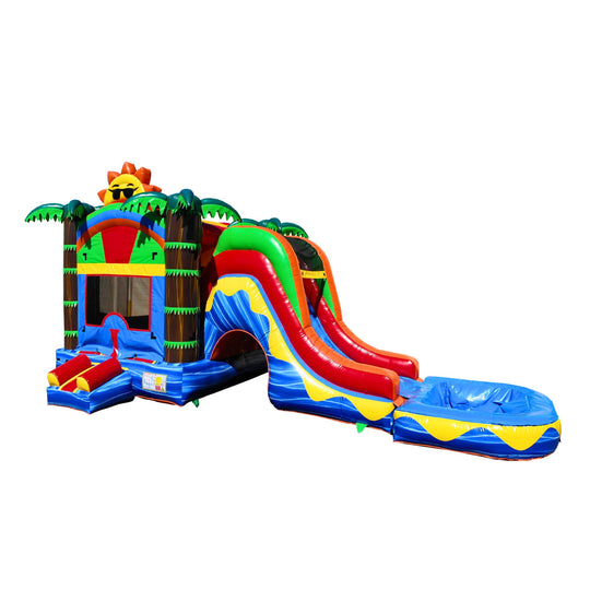 Colorful inflatable combo water slide featuring a tropical theme with palm trees, a slide, and a pool area.