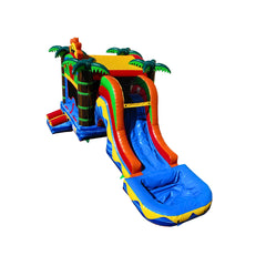 Colorful inflatable combo water slide featuring palm trees and a large slide, set against a white background.