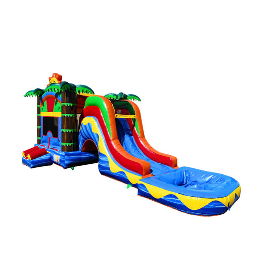 Colorful inflatable combo water slide featuring a tropical theme with palm trees, a large slide, and a pool area.