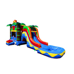 Colorful inflatable combo water slide featuring a tropical theme with palm trees, a large slide, and a pool area.