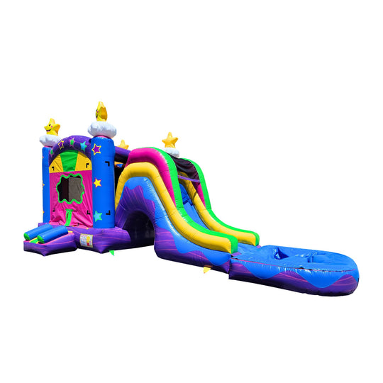 Colorful inflatable combo water slide with a starry sky theme, featuring a slide and splash area.