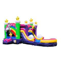 Colorful inflatable combo water slide featuring a rainbow unicorn, stars, and clouds, set against a white background.