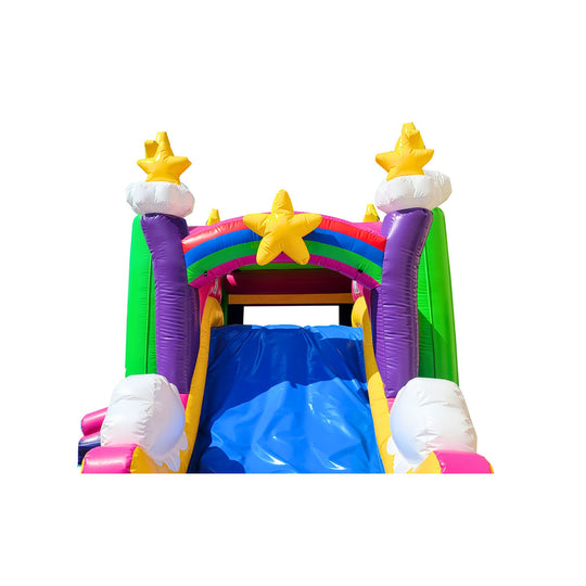 Colorful inflatable combo water slide featuring a rainbow arch and star accents, designed for fun water play.