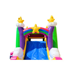 Colorful inflatable combo water slide featuring a rainbow arch and star accents, designed for fun water play.