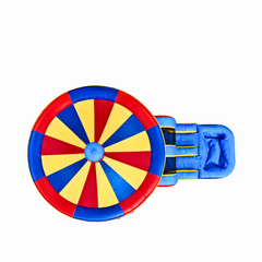 Top view of a colorful inflatable combo water slide featuring a red, yellow, and blue design with a circular splash area.