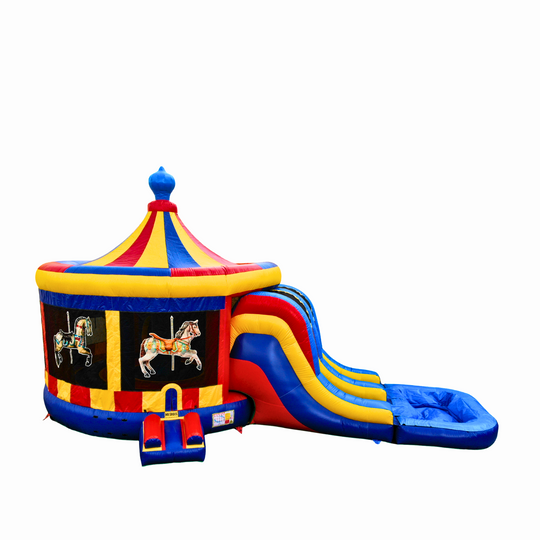 Colorful inflatable combo water slide featuring a circus theme with a bounce area and double slide.